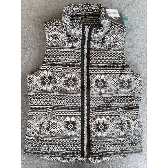 Lands End Puffer Vest Womens S Black Print HyperDry 600 Down Fair Isle - Picture 1 of 6